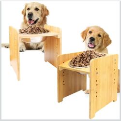 FOREYY Set of 2 Raised Pet Bowls for Cats and Small Dogs - Bamboo Tilted Single Elevated Dog Cat Food and Water Stand Feeder with 2 Stainless Steel Bo