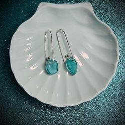 Turquoise Sea Glass On Sterling Silver Paperclip Earrings 