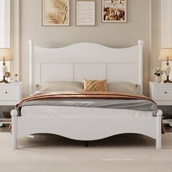 New roomfitters Queen Size Elegant Design Wood Platform Bed Frame, Retro Style Platform Bed with Wooden Slat Support, White  New in box N733P199703K *