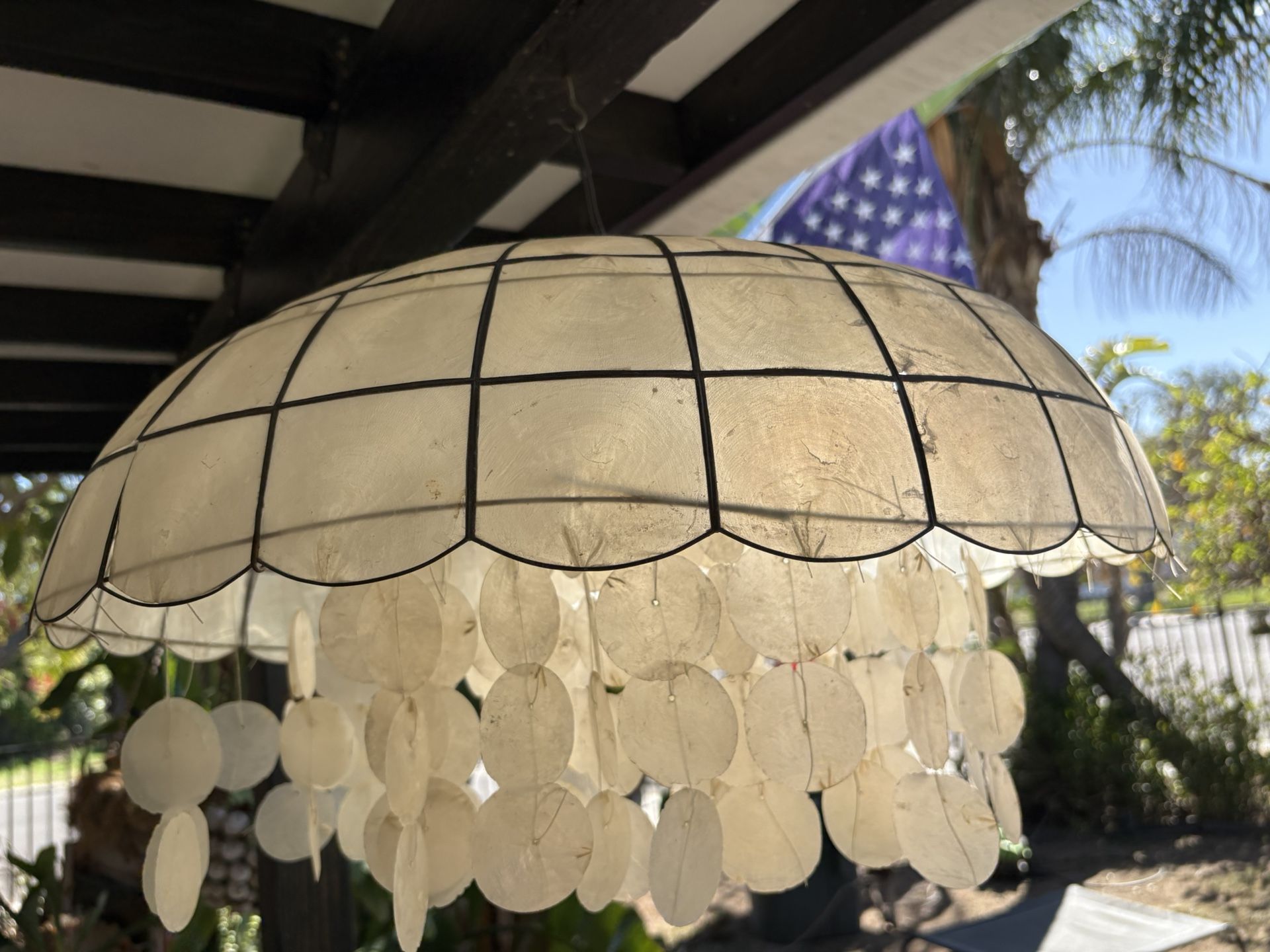 Vintage 1960-70s Era Capiz Shell And Metal Hanging Chandelier/ Wind Chimes 21” W