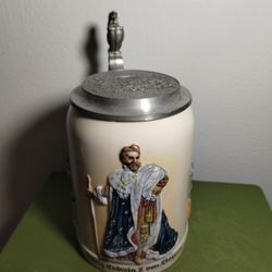 CERAMIC BEER STEIN WITH 95% ZINN PEWTER LID 7"×3.8"