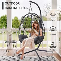 Hanging Egg Chair with Stand, Outdoor Indoor Egg Swing Chair with Cushion Headrest, Wicker Rattan Egg Chair with Dual Chains, 350LBS Capacity for Pati