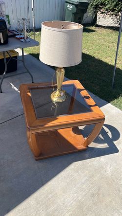 Wood table and lamp