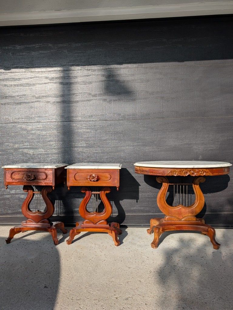 Set Of Three Antique Vintage Mahogany Side Tables With Italian Marble Top Harp Lyre Rose Design