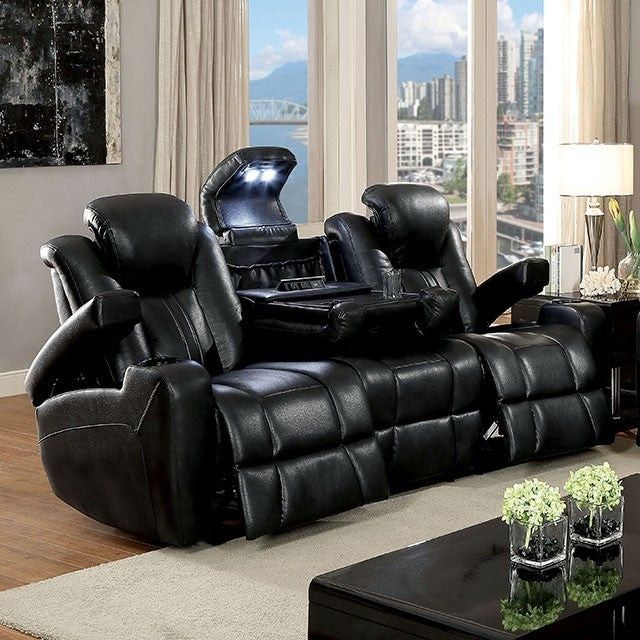 Brand New Black Breathable Leatherette Power Reclining Sofa With LED Cup Holders, Reading Lights, USB And Charging Outlets, And Headrest
