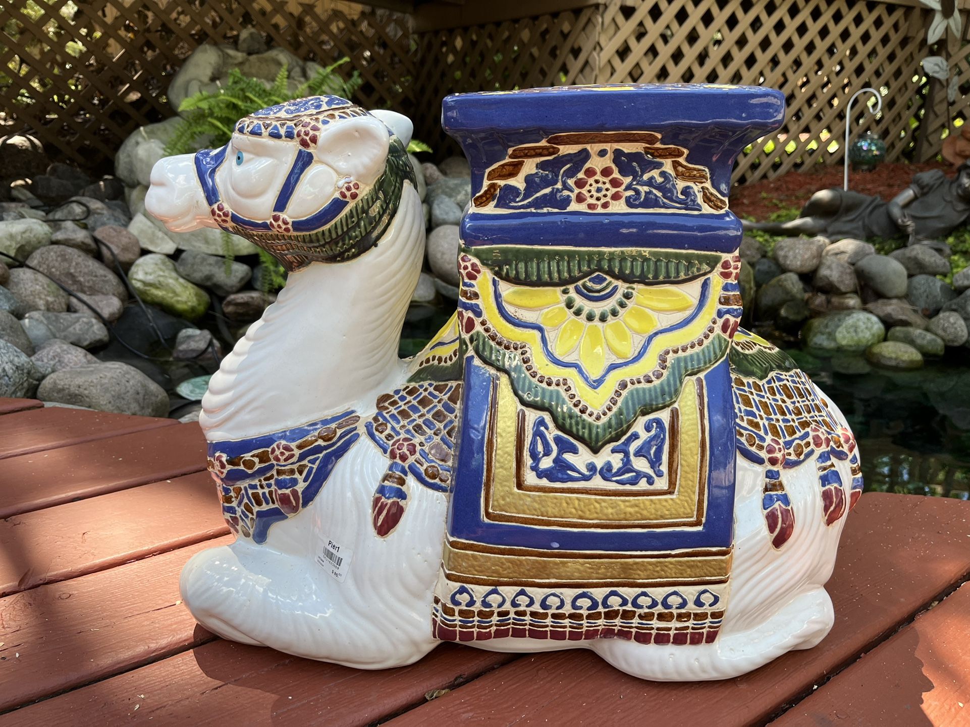 Vintage Pier 1 Ceramic Mosaic Sitting Camel Garden Stool Plant Stand End Table