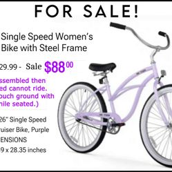 NextGen Single Speed Women’s Cruiser Bike with Steel Frame, Purple 