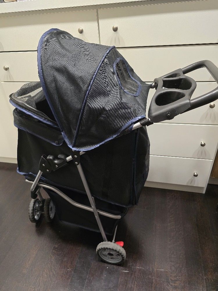 Pet Stroller Black with Blue Trim