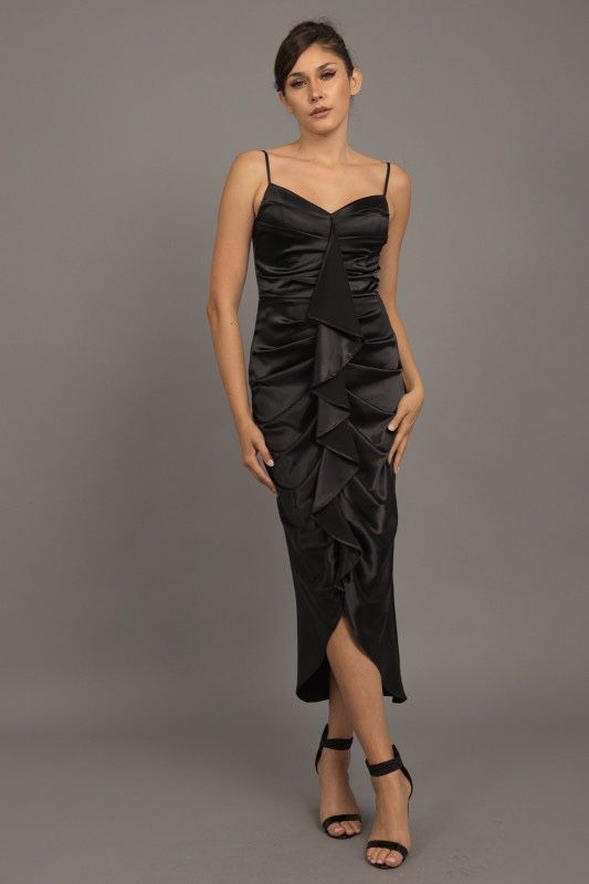 Satin Black Ruffled midi Dress