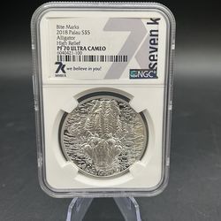 2018 Palau $5 Bite Marks - Alligator High Relief 1oz Silver NGC PF70 Seven K