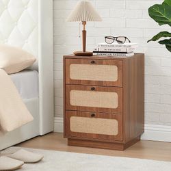 Modern Nightstand with 3 Drawers and Nature Linen Panel, Wood Bedside Table Rustic End Table for Small Space, Dorm, Bedroom(Walnut) 