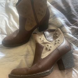 BORN Capri Sz 7.5 Brown Western Combo Suede Leather Side Zip Ankle Boots