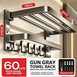 Gun Gray Double Folding Towel Rack, Space Aluminum Bathroom Towel Holder with Hooks, Wall Mounted B