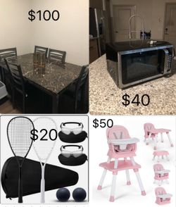Table set- microwave - racket set- high chair