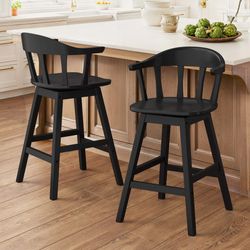 26" Swivel Bar Stools Set of 2, Counter Height Bar Stools with Backrest and Arms, Modern Upholstered Barstools with Metal Legs for Kitchen Island, Bla