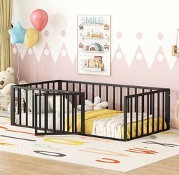 Twin Size Floor Bed with Rails for Kids, Girls, Boys, Metal (no mattress)