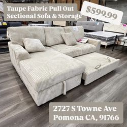 Taupe Fabric Pull Out Sectional Sofa & Storage 