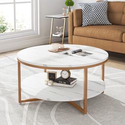LITTLE TREE Round Coffee Table Two-Tier Coffee Table Modern Faux Marble Tabletop with Gold Metal Legs Open Storage Shelf for Living Room, White, Gold