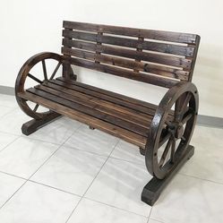 $110 (New in Box) Large 50” wooden wagon bench rustic wheel for patio garden outdoor 50x23x34” 