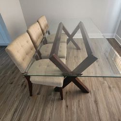 Dining Table, Thick Tempered Glass, With 3 Chairs,  Bench Is Sold