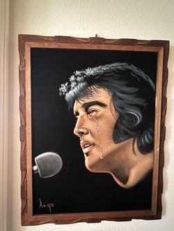 Vintage "Crying Elvis" Black Velvet Painting by Argo in Carved Wood Frame