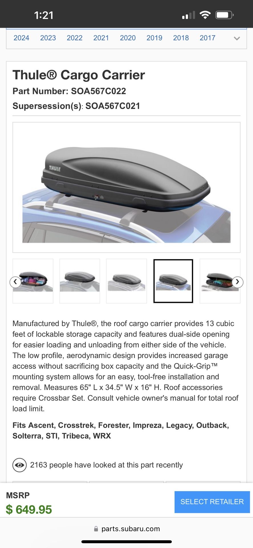 Thule Cargo Carrier Part Number SOA567C022 for Sale in Federal Way, WA