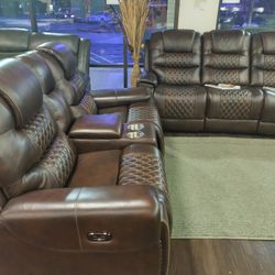 REAL GENUINE LEATHER AUTOMATIC RECLINING SOFA SET