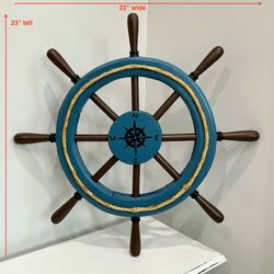 Custom Crafted/Hand Painted Wood Coastal Blue & Brown Hanging Ship’s Wheel w Compass Center & Rope 