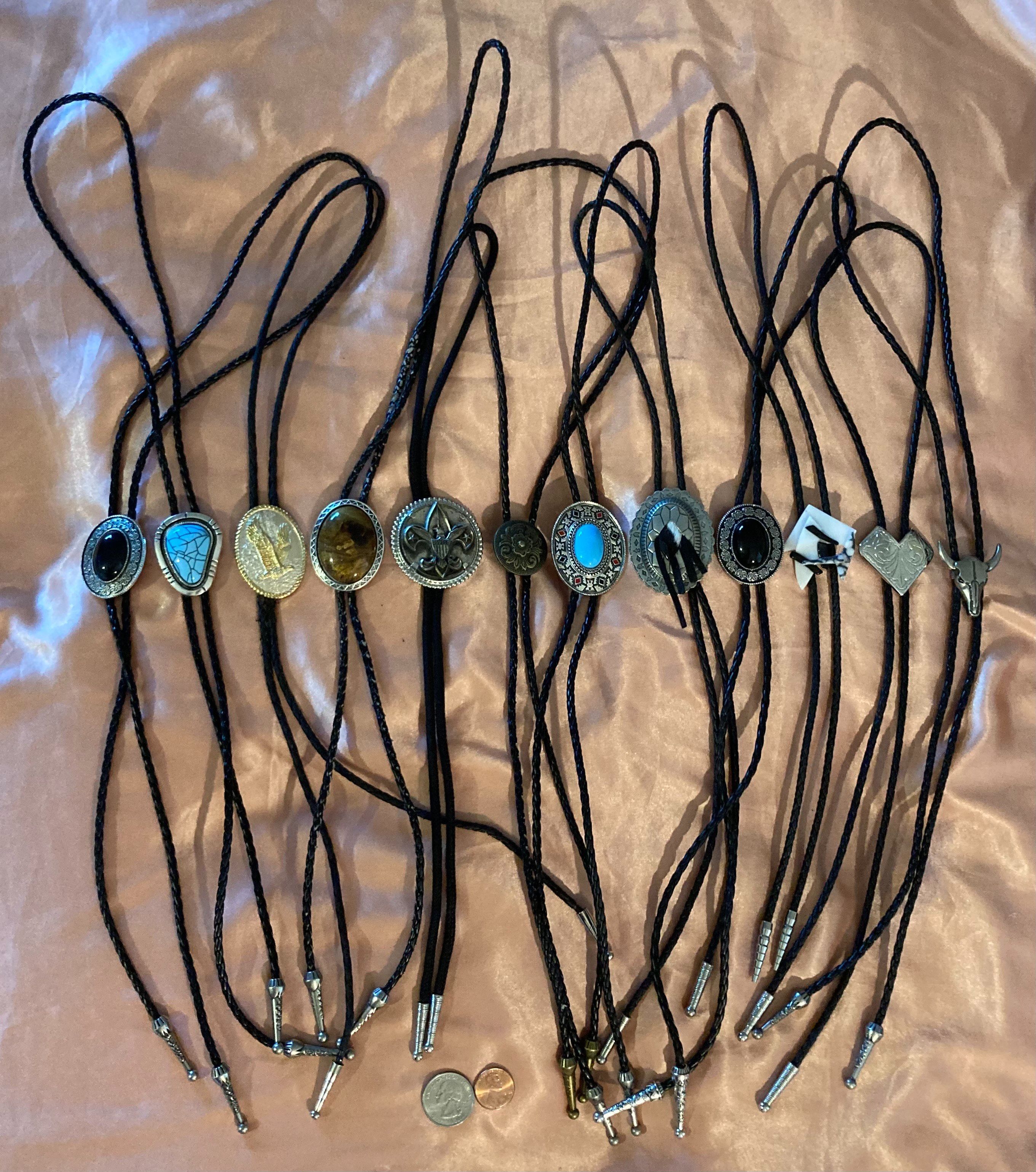 Vintage Lot of 12 Metal Bolo Ties, Nice Designs, Black Onyx, Eagle, Natural Stones, Bull, More, Quality, Heavy Duty, Country & Western, Cowboy, Wester