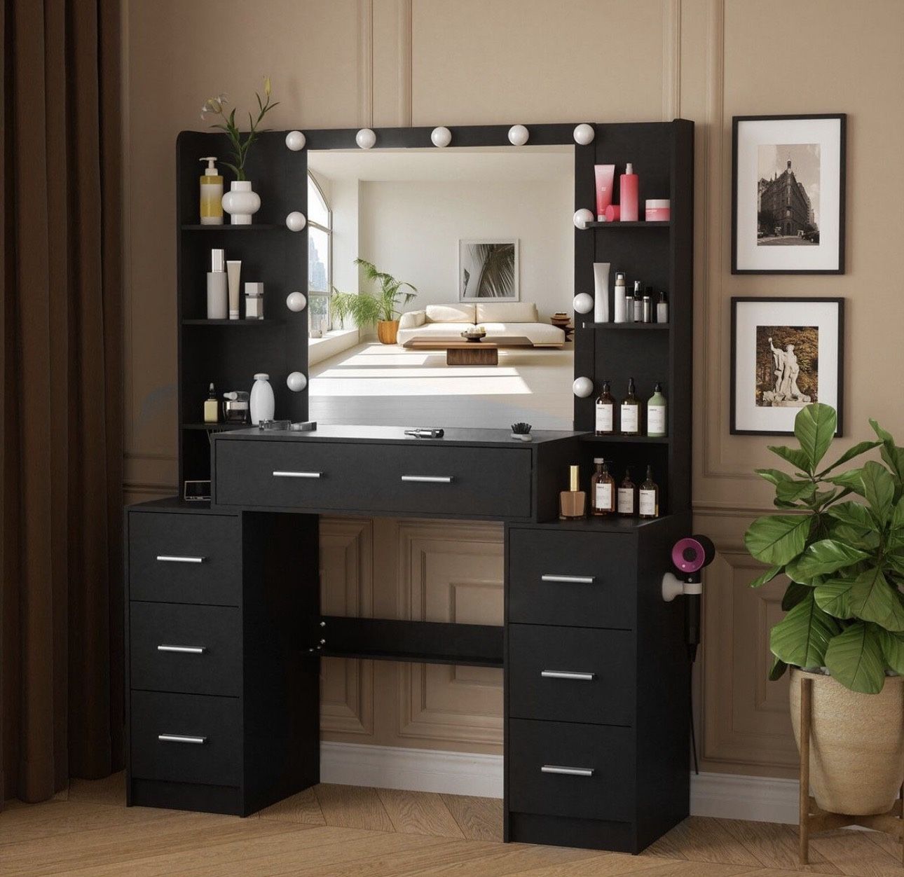Black Large Vanity Desk with LED Mirror 7 Drawers Dressing Table w/3 Color Light Brand New still in the box C203)