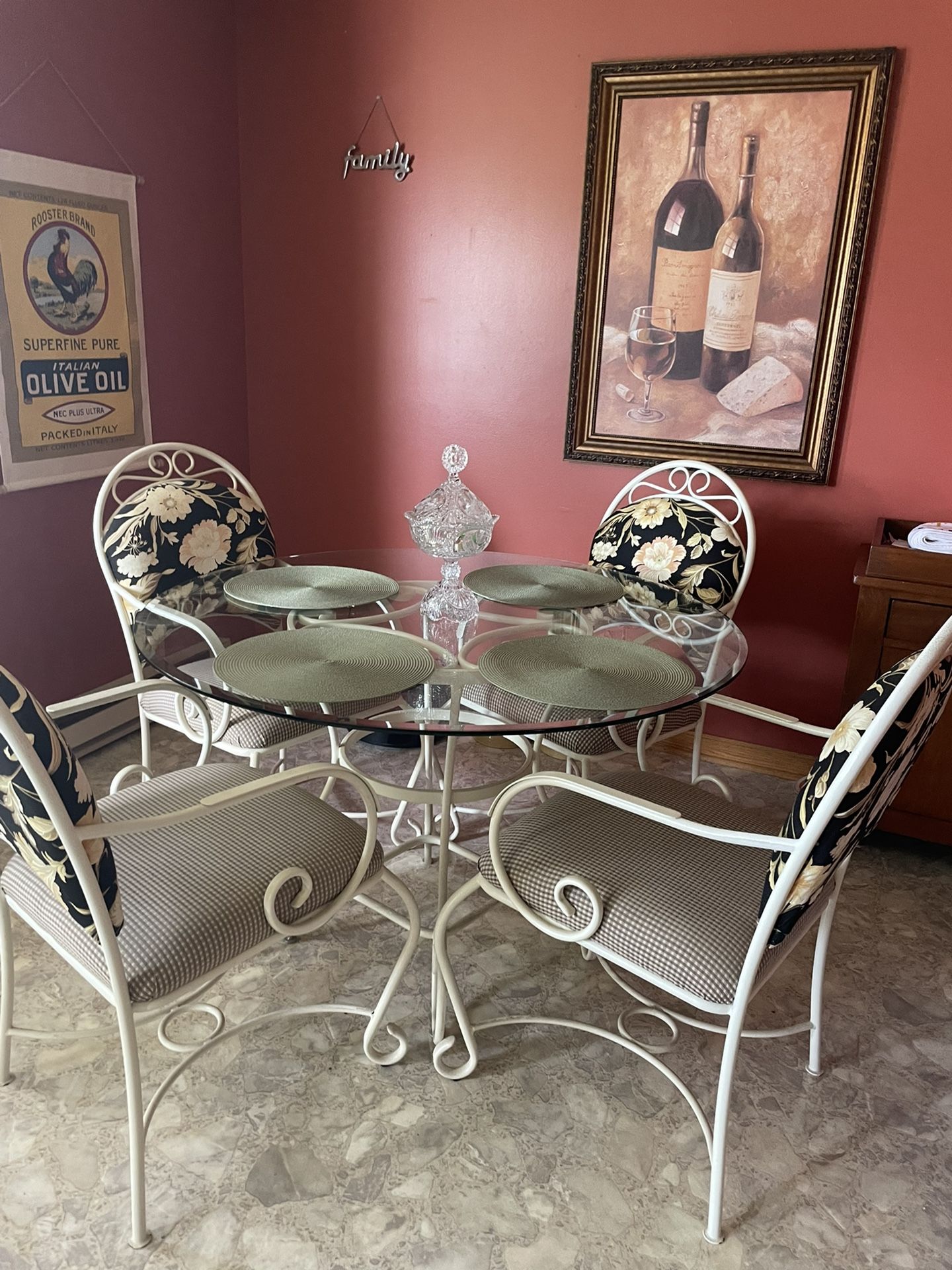 Rought iron Glass Top Table 4 Chairs