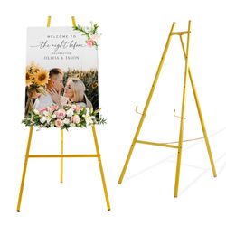 Milostelom 43.5" Gold Metal Easel Stand For Sign, Heavy Duty Folding Easel For Wedding Welcome Sign, Decorative Easel For Mirror, Art, Photo, Adjustab