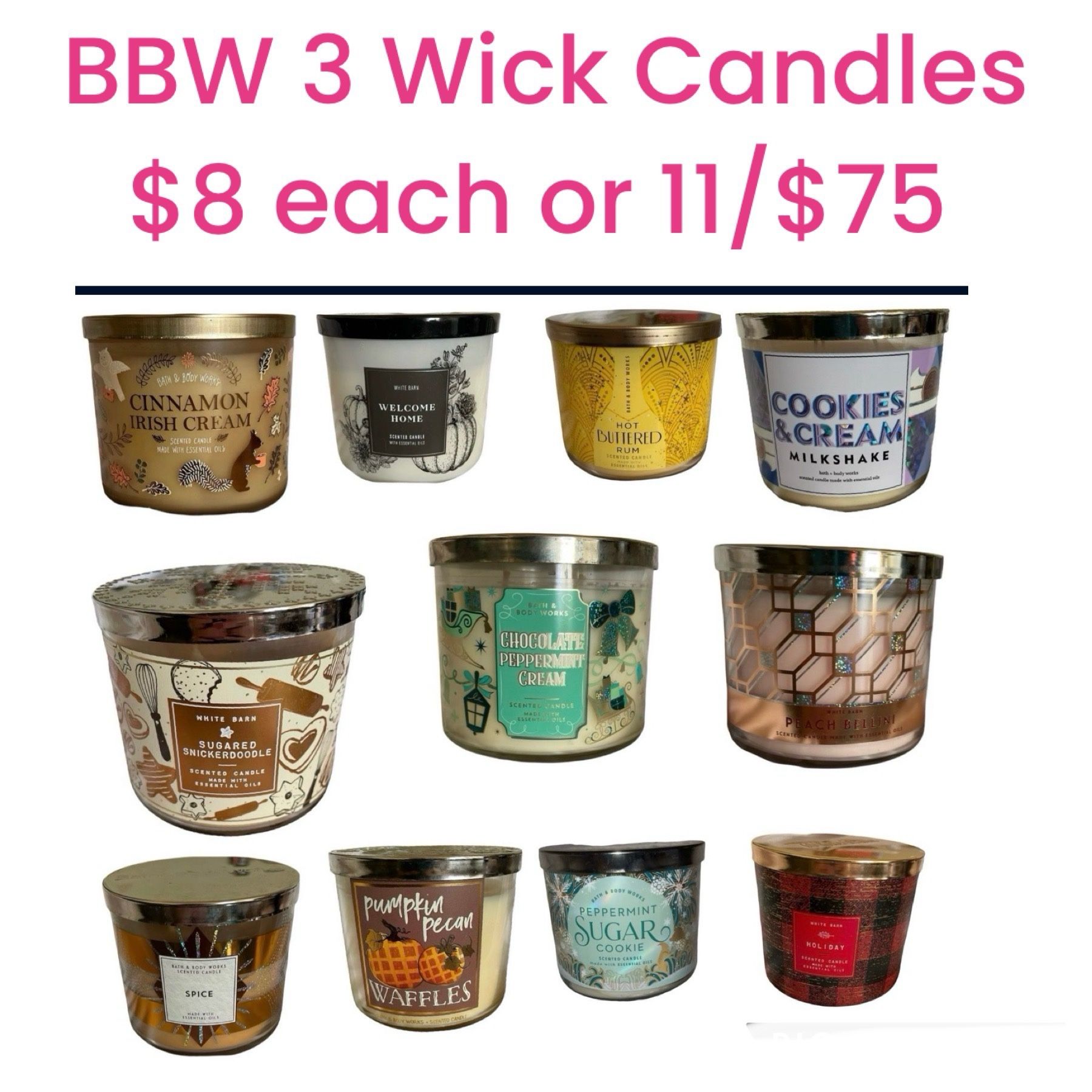 Bath & Body Works 3 Wick Candles New $8 Each 11/$75