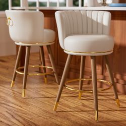 Set of 2 Swivel Bar Stools Leather Counter Height Kitchen Chairs Wood Leg 24"