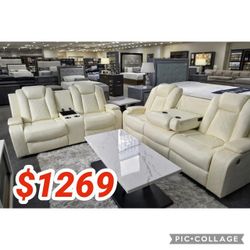White breathing leather 2 piece reclining sofa and loveseat set  // Limited Time Offer 