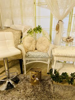 2 chairs white wicker and 1 SHELF Ren-t or sale antique modern decorative patio home oficce garden beautiful furniture , moder 3 items