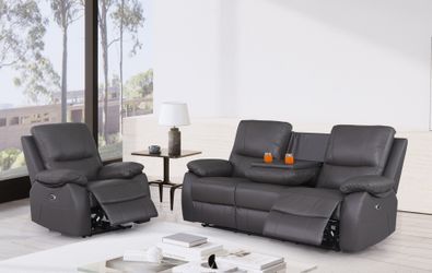 Power Recliner (Set Of 2pc) / Genuine Leather / Loveseat Sofa + 3-Seater Couch