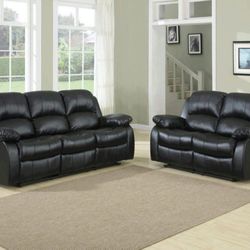 Brand New Black Bonded Leather Manual Reclining Sofa + Loveseat 2PCs Set