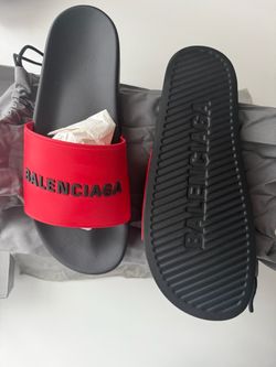 Brand New Balenciaga Red & Black Logo Pool Slides Sz 12