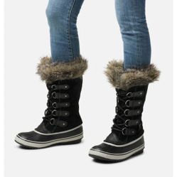 Sorel Joan of Arc Snow Boots Womens Size 9 Black Waterproof Winter Faux Fur Lace