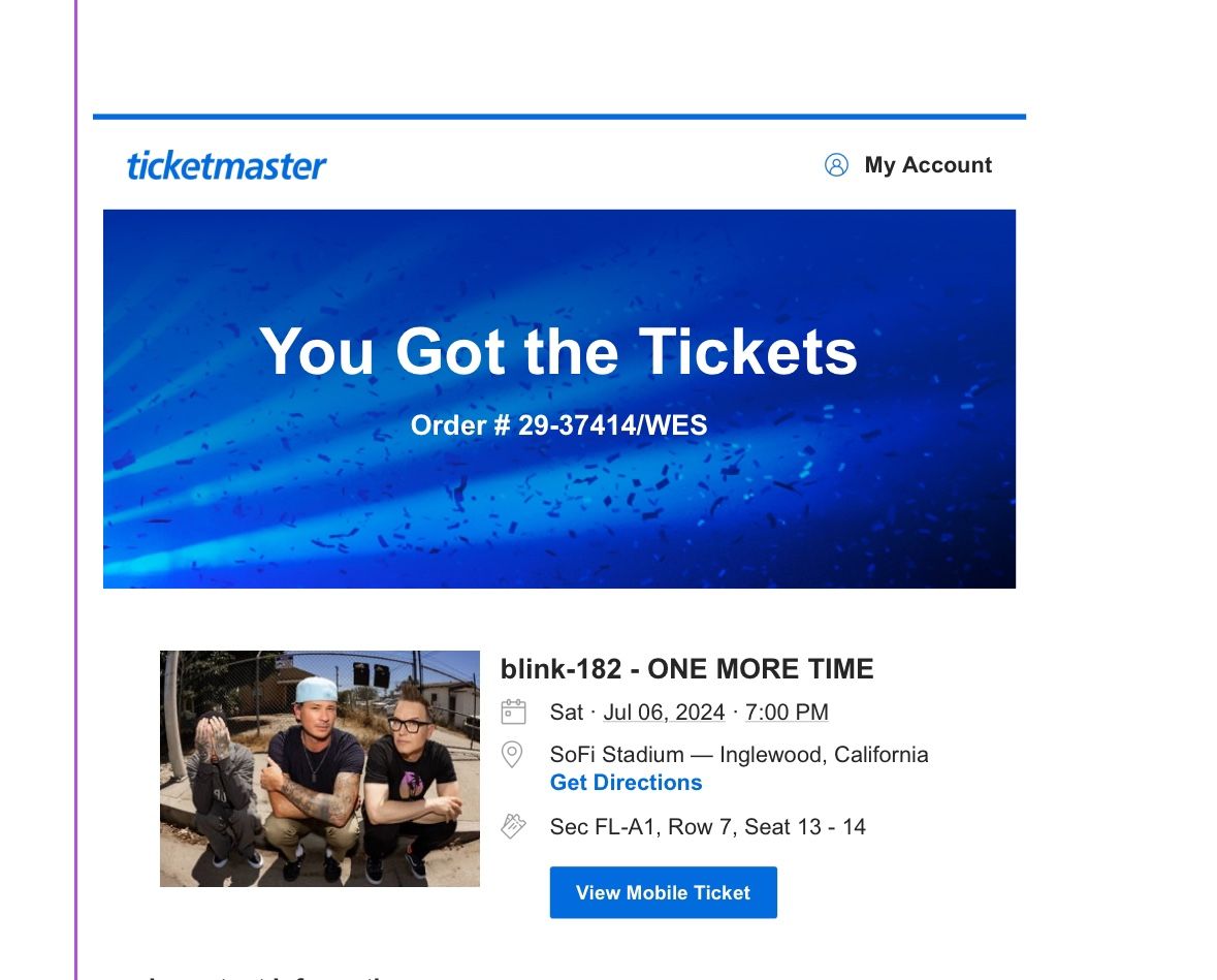 Blink 182 Sofi 7/6 Tickets (2) Section FL-A1
