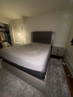 Queen size bed frame and mattress and nightstands