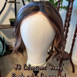 Brunette wig with pink highlights, and beach waves