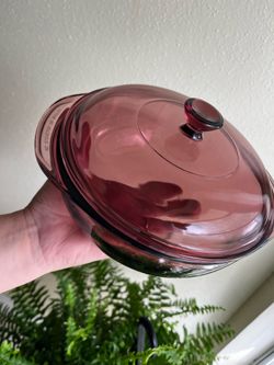 Pyrex Cranberry casserole dish.