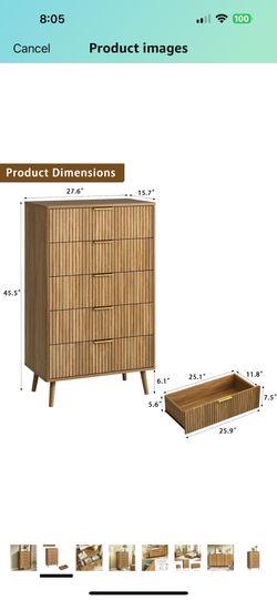 Brand New Mid Century Modern Fluted 5 Drawer Dresser(still In Box)