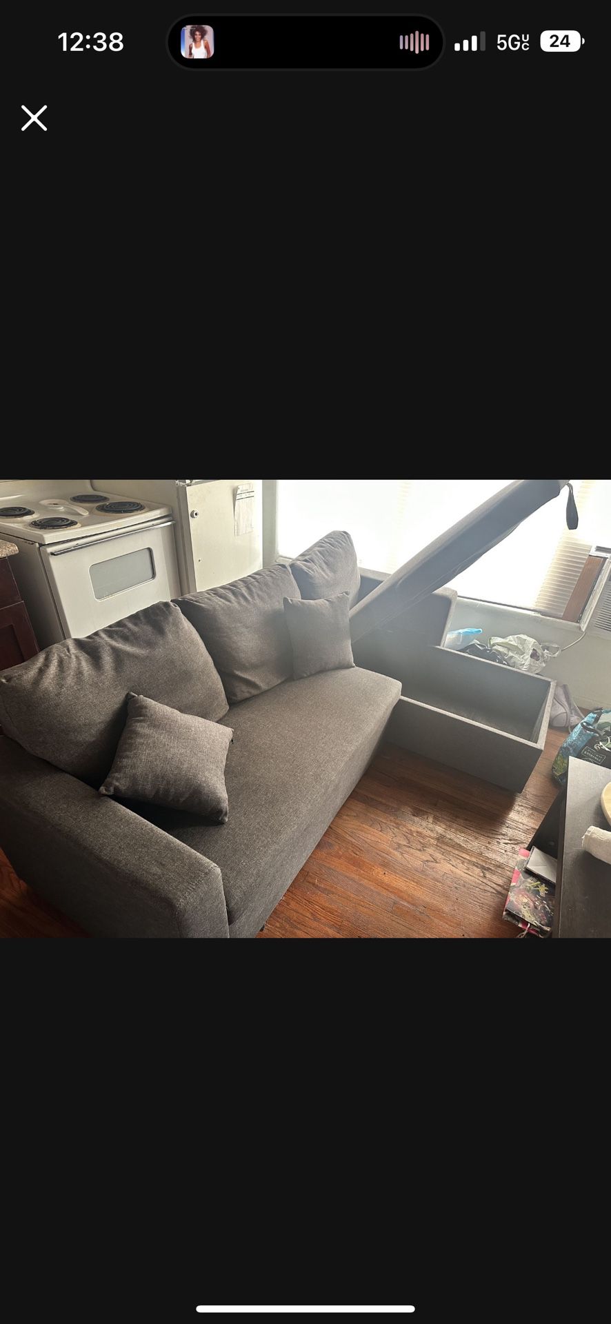 Grey Pull Out Couch W/ Storage. Pulls Out Into Queen Bed.