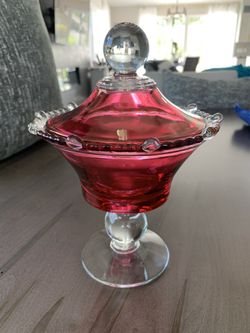 Vintage Pedestal Cranberry And Clear Glass Covered Candy Dish