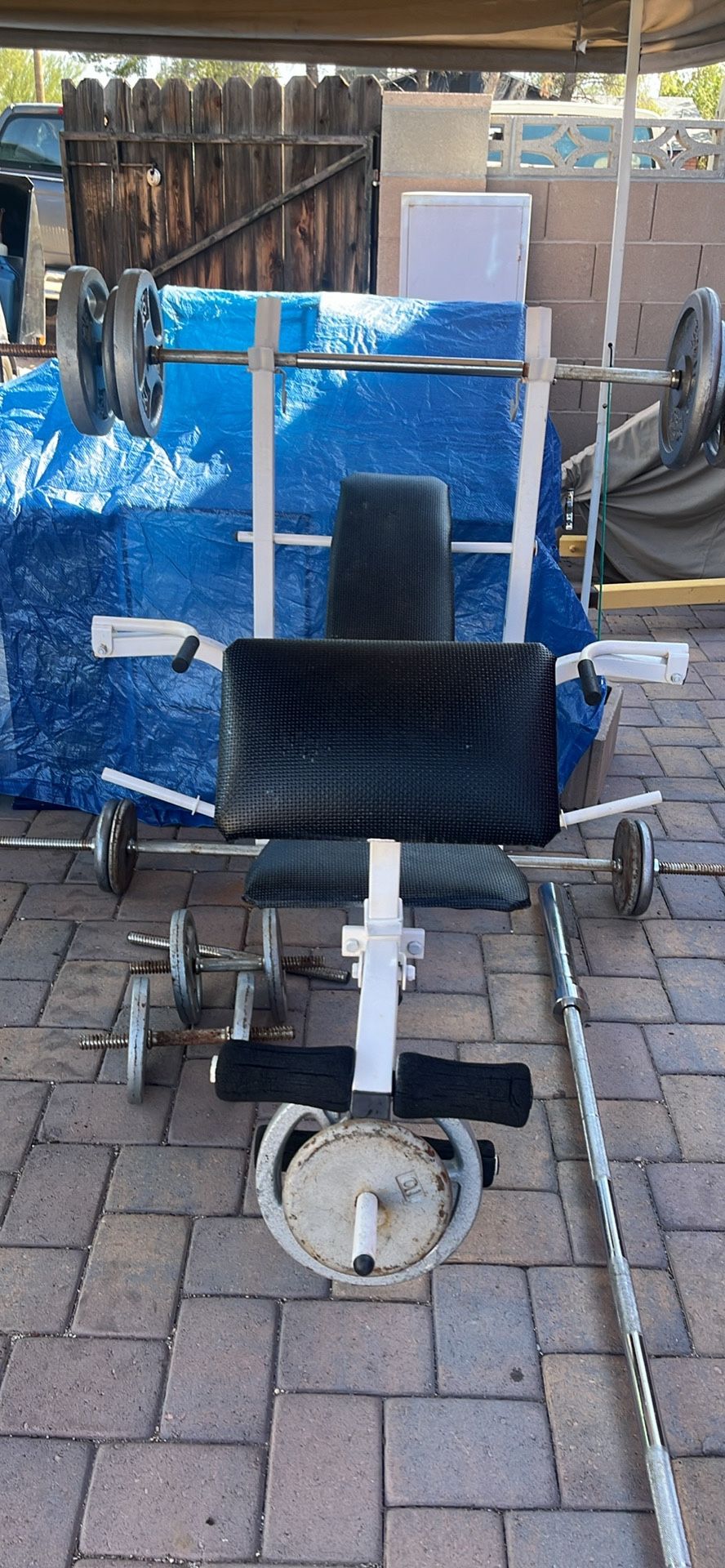 Weight bench with weights and barbell