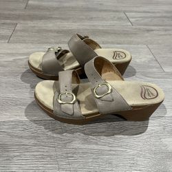 Dansko Taupe Leather Buckle Wedge Slide Sandals Women Size 39