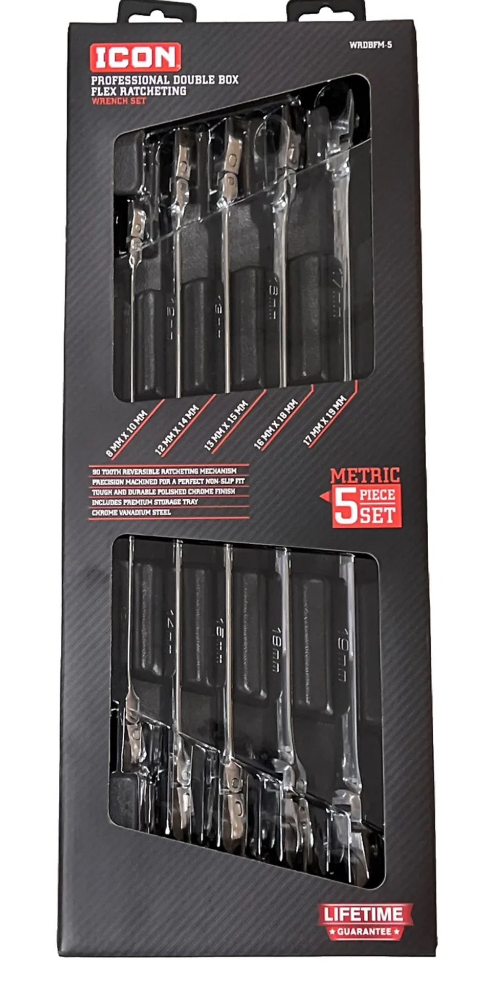 ICON 5 Professional Double Box Flex Wrench Set WRDBFM-5 METRIC Ratcheting